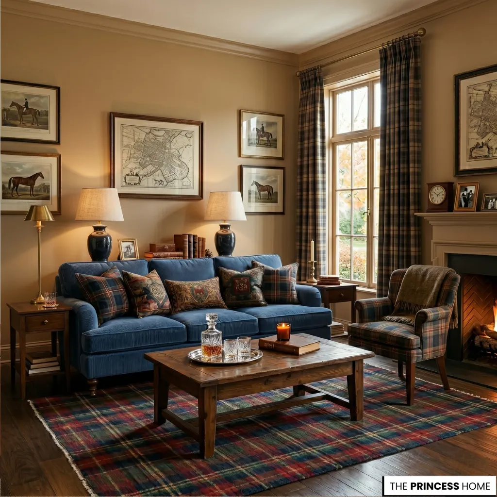 Ralph Lauren style living room with a blue sofa, plaid armchair, tartan rug, and equestrian framed wall art.