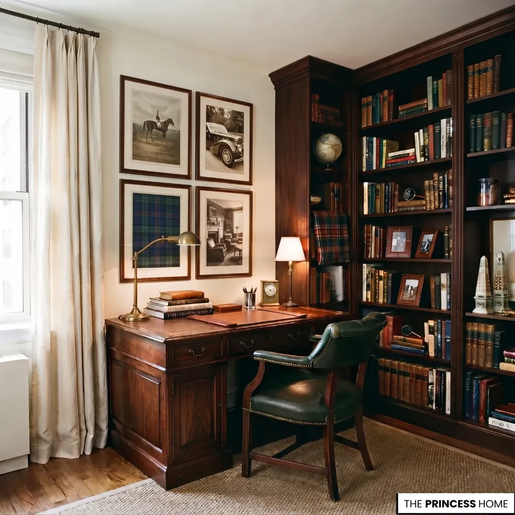 Ralph Lauren-inspired office combining wood, leather, wool, linen, and refined metal finishes