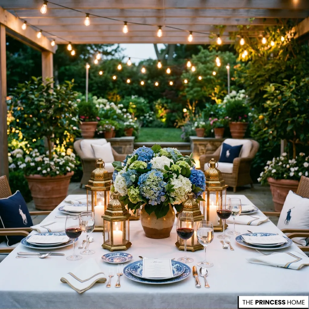 Elegant outdoor dining table with blue hydrangeas, brass lanterns, blue and white plates, and string lights under a pergola.