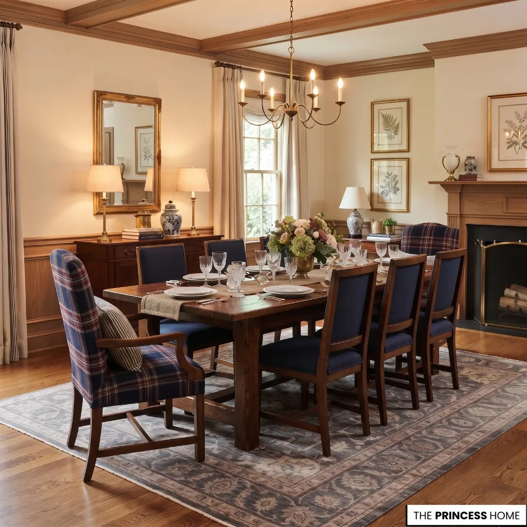 Dining room combining restrained plaid, stripe, and solid textiles