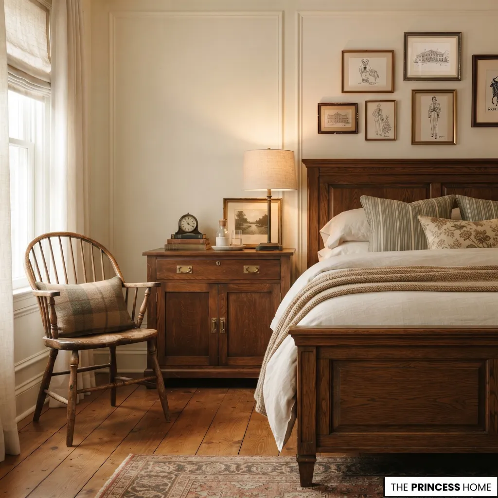 Traditional bedroom incorporating reused wooden furniture and an updated lamp