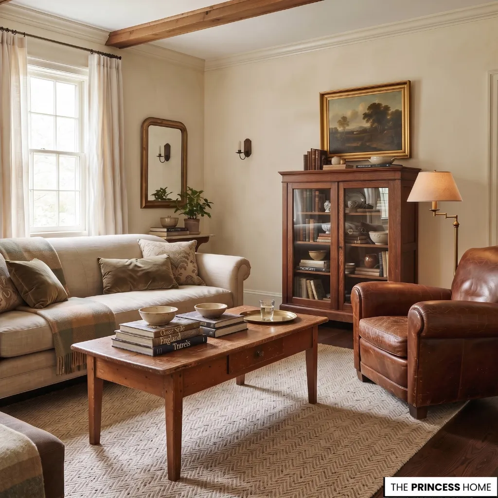 Collected living room combining an older wooden table, leather chair, and classic furnishings