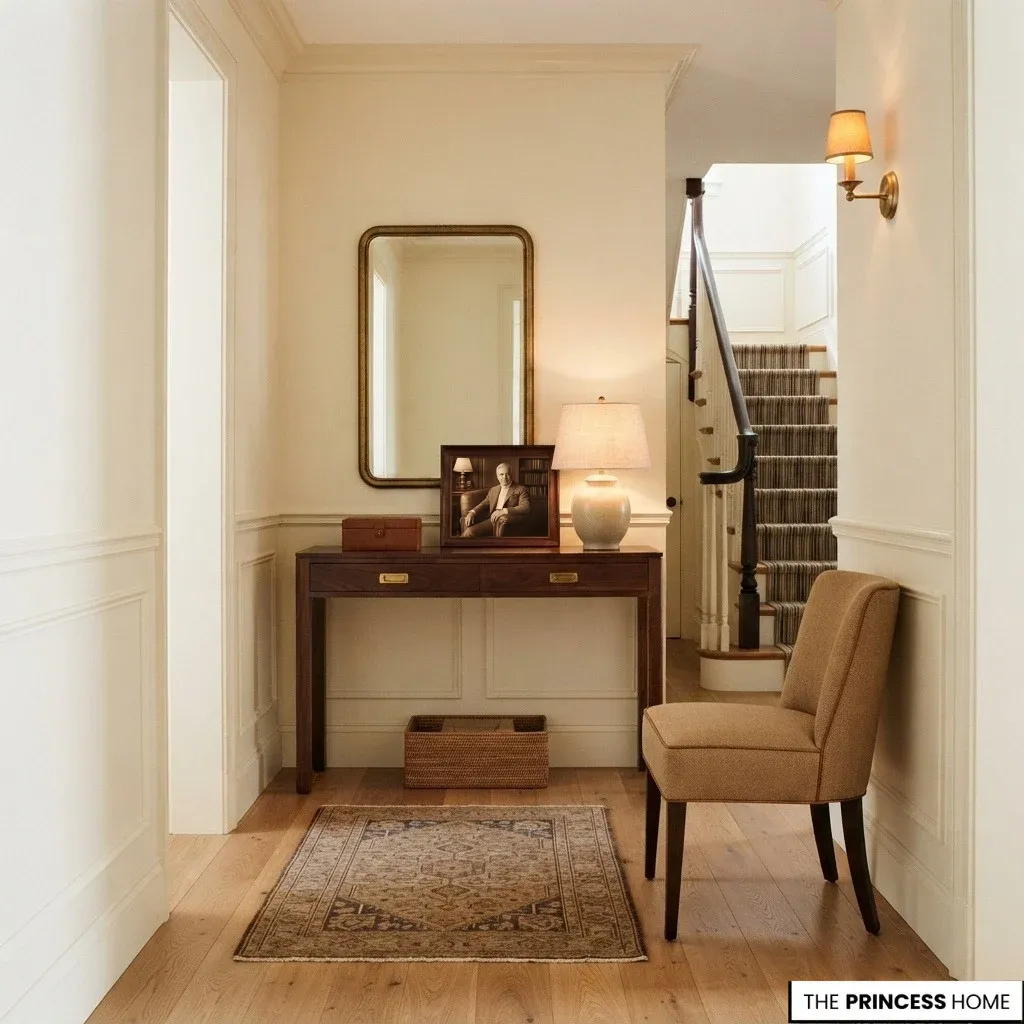 Small Ralph Lauren-inspired entryway with a shallow wooden console, mirror, rug, and compact chair.