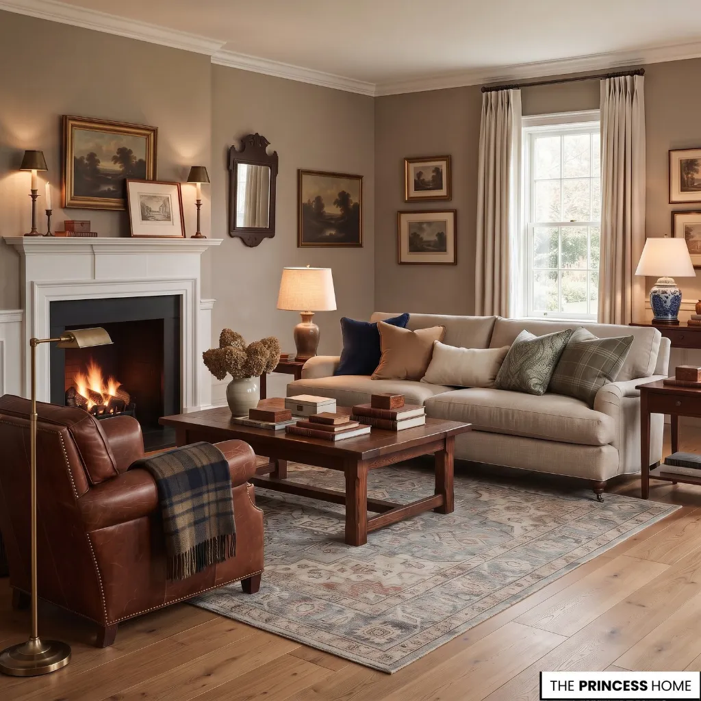 Traditional living room showing tailored furniture, natural materials, restrained colors, and warm lighting