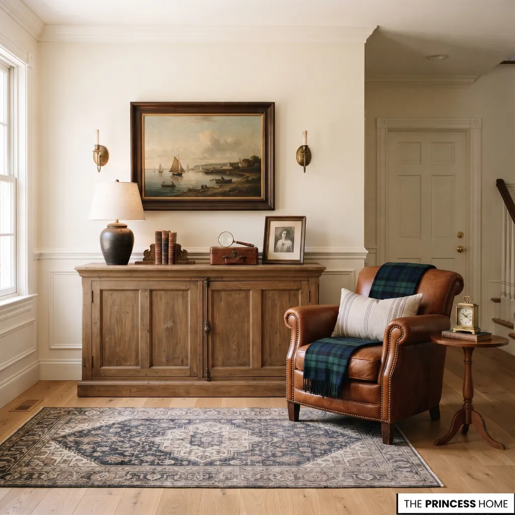 Heritage-inspired Ralph Lauren entryway with wood, leather, classic patterns, and collected objects.