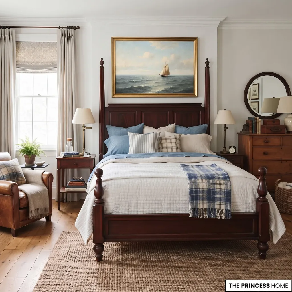 Ralph Lauren style bedroom with classic wooden furniture and lighter summer bedding in blue and cream.