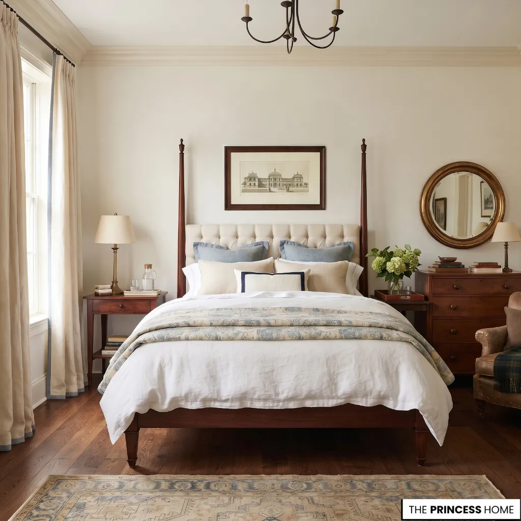 Ralph Lauren style bedroom using cream, faded blue, navy, and natural wood for a summer palette.