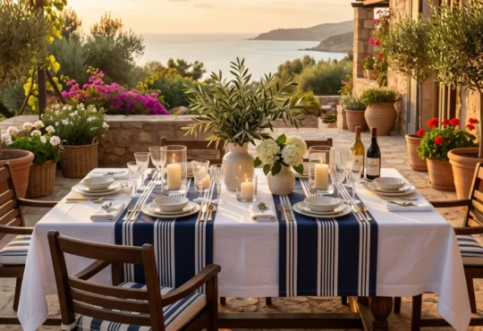 Ralph Lauren summer table setting with navy striped runner, white linens, candles, and coastal sunset view.
