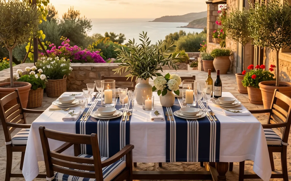 Ralph Lauren summer table setting with navy striped runner, white linens, candles, and coastal sunset view.