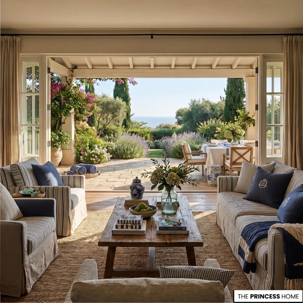 Ralph Lauren style terrace with comfortable seating, natural materials, simple dining elements, greenery, and evening lighting.