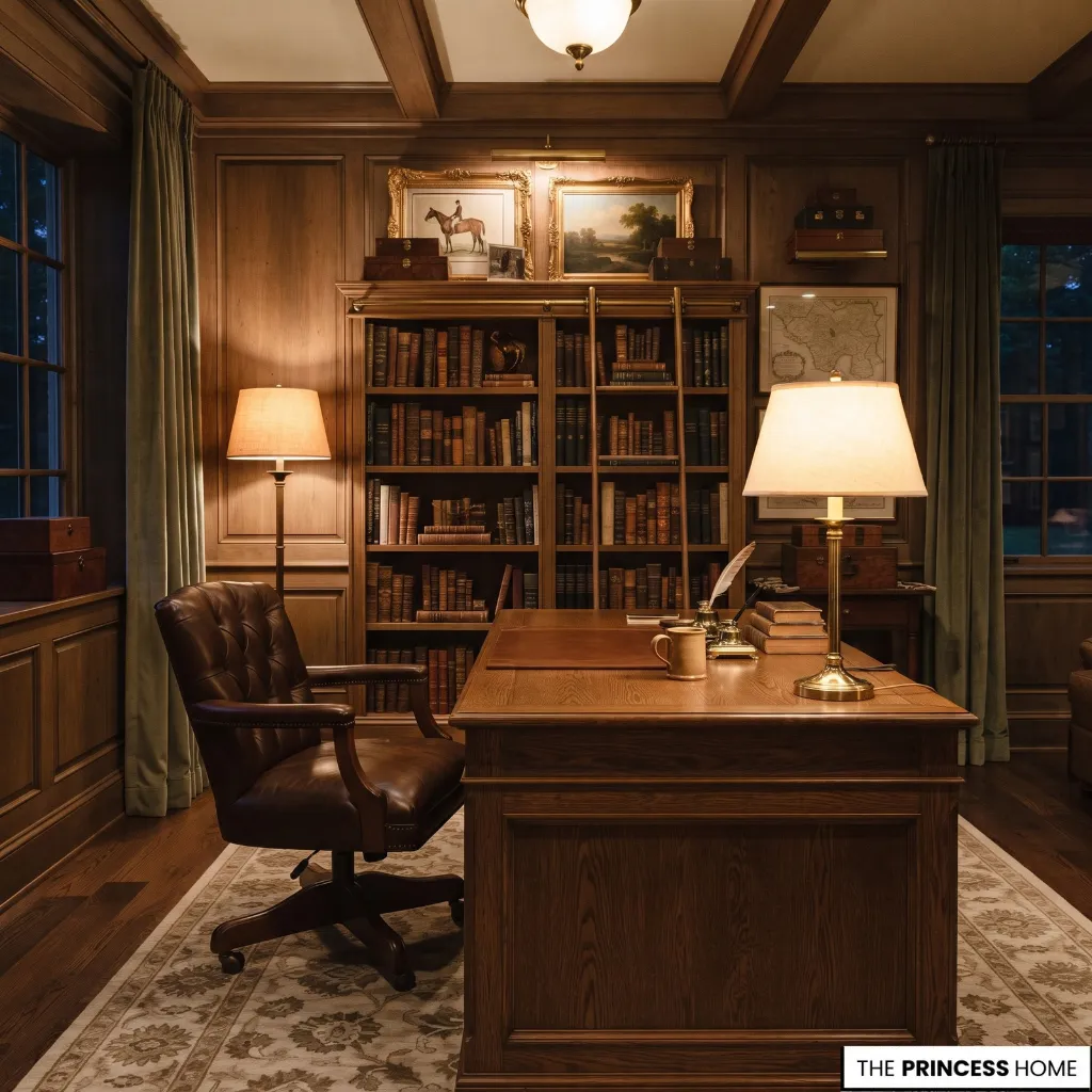 Study with table lamp, floor lamp, and warm layered residential lighting
