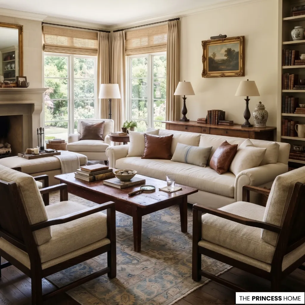 Collected Ralph Lauren summer interior using restrained blue accents and natural materials without nautical decoration.