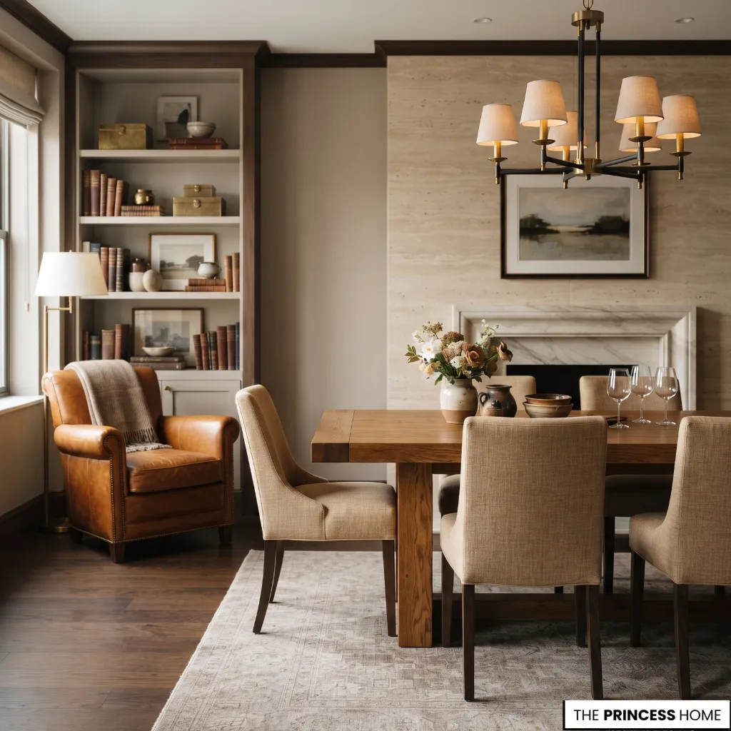 Ralph Lauren interior combining wood, linen, leather, stone, and brass with controlled contrast