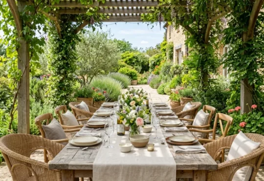 Long rustic dining table under a lush vine-covered pergola with woven armchairs, white linens, and a garden path.