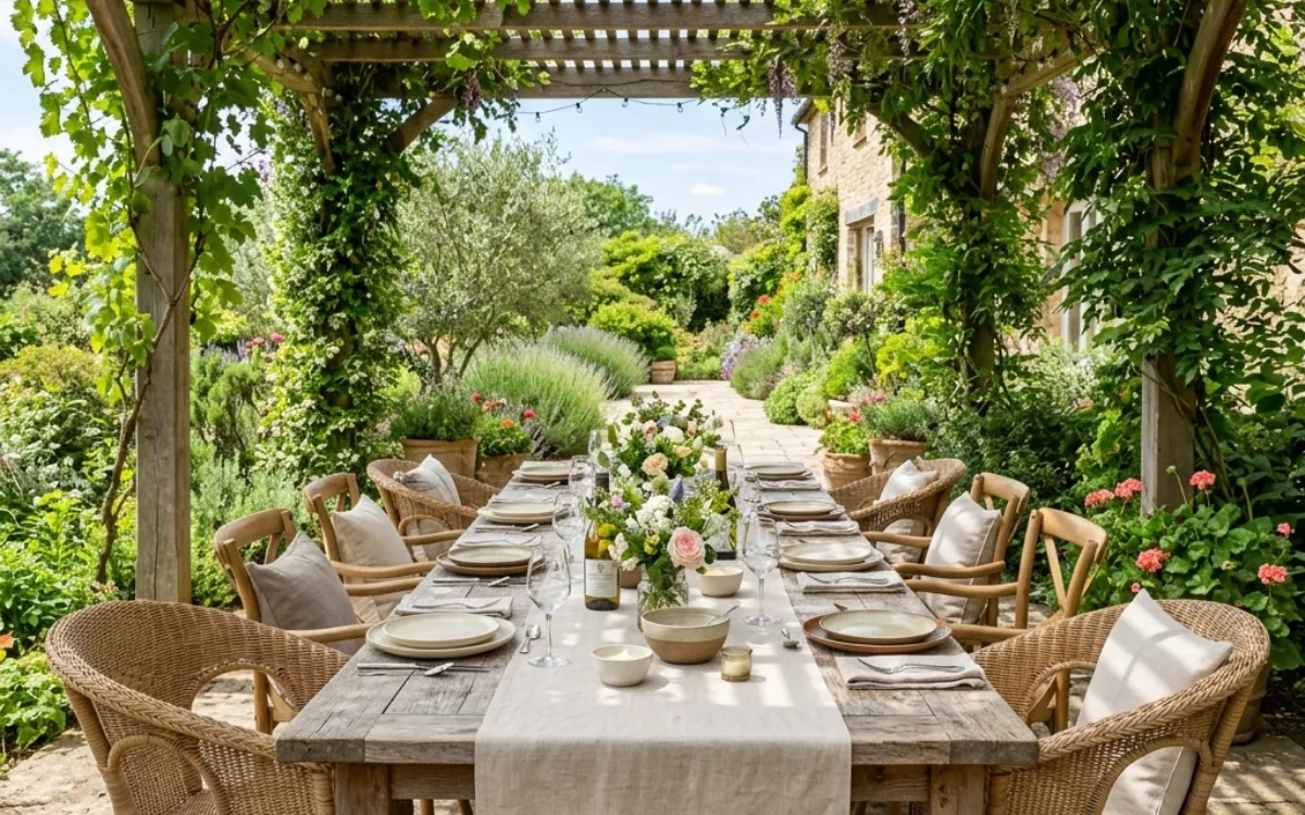Long rustic dining table under a lush vine-covered pergola with woven armchairs, white linens, and a garden path.
