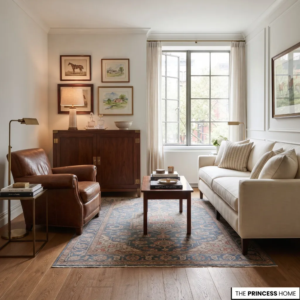 Small Ralph Lauren apartment with substantial furniture, useful storage, and clear circulation