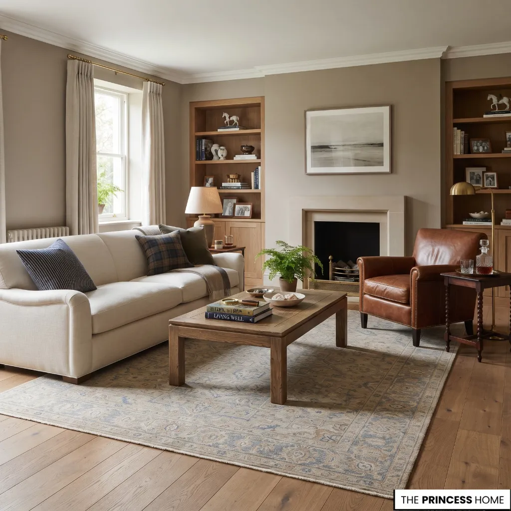 Modern Ralph Lauren living room with substantial tailored furniture and clear circulation