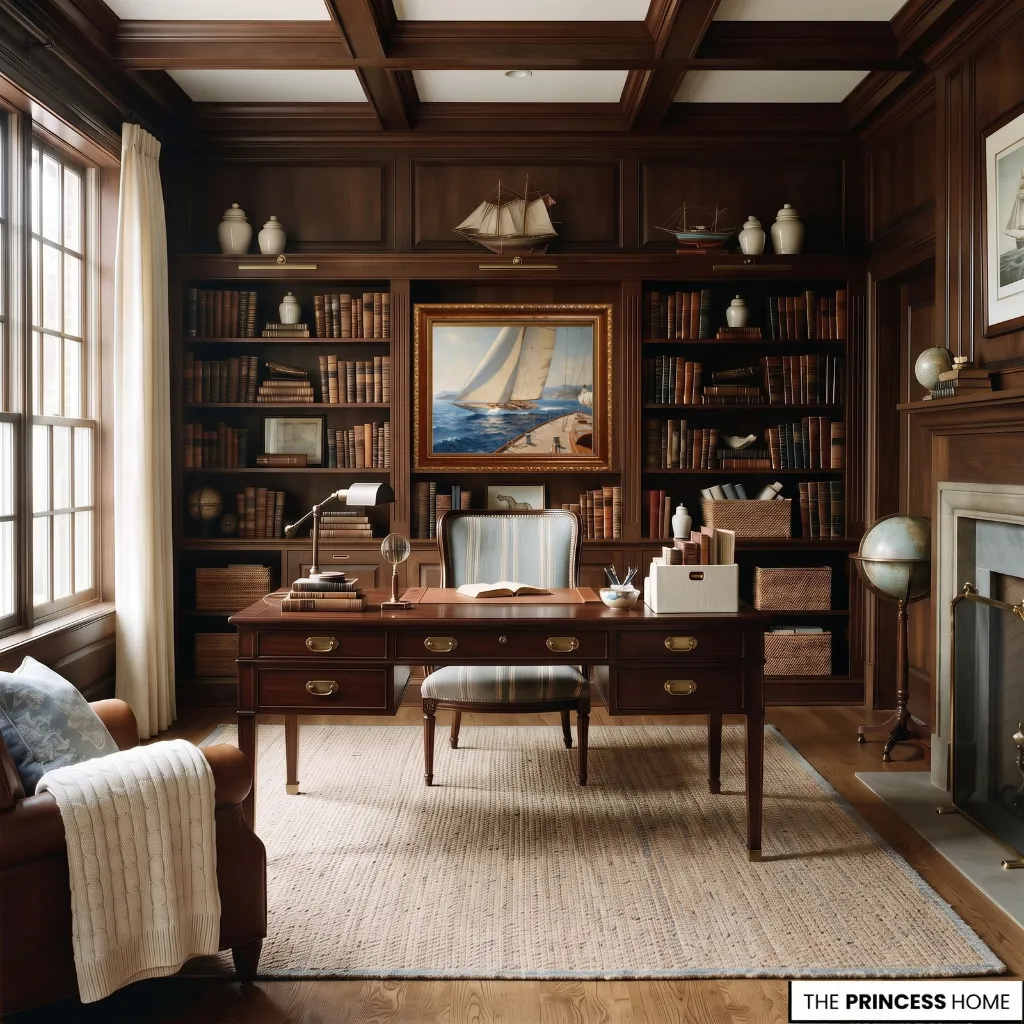 Traditional Ralph Lauren style study retaining tailored furniture and wooden bookcases with lighter seasonal accents