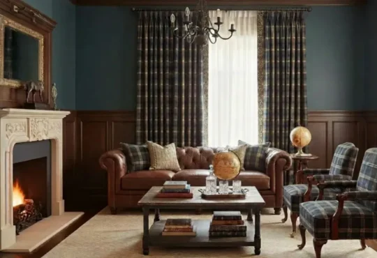 Traditional Ralph Lauren living room with a brown Chesterfield sofa, plaid armchairs, dark wood paneling, and a lit fireplace.