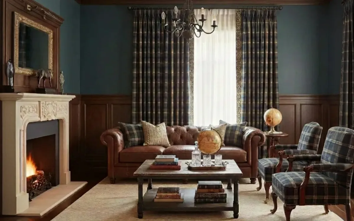 Traditional Ralph Lauren living room with a brown Chesterfield sofa, plaid armchairs, dark wood paneling, and a lit fireplace.