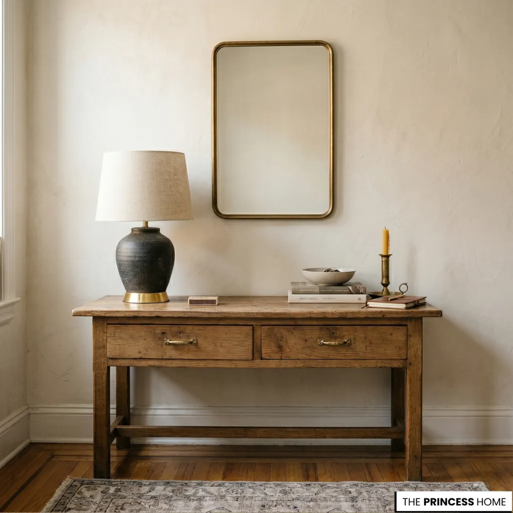 Rustic wooden console table with a brass-framed rectangular mirror, a ceramic table lamp, and stacked books.