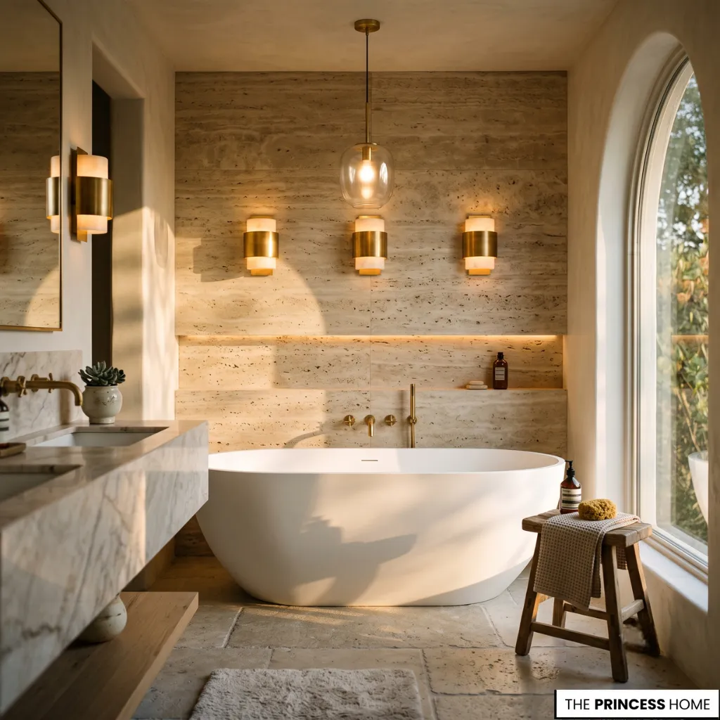 Bathroom trend featuring layered lighting, natural stone textures, and warm spa-inspired ambiance.