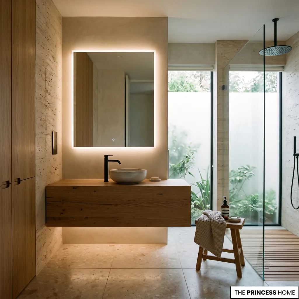 Bathroom trend with integrated smart lighting, concealed storage, and seamless modern technology.
