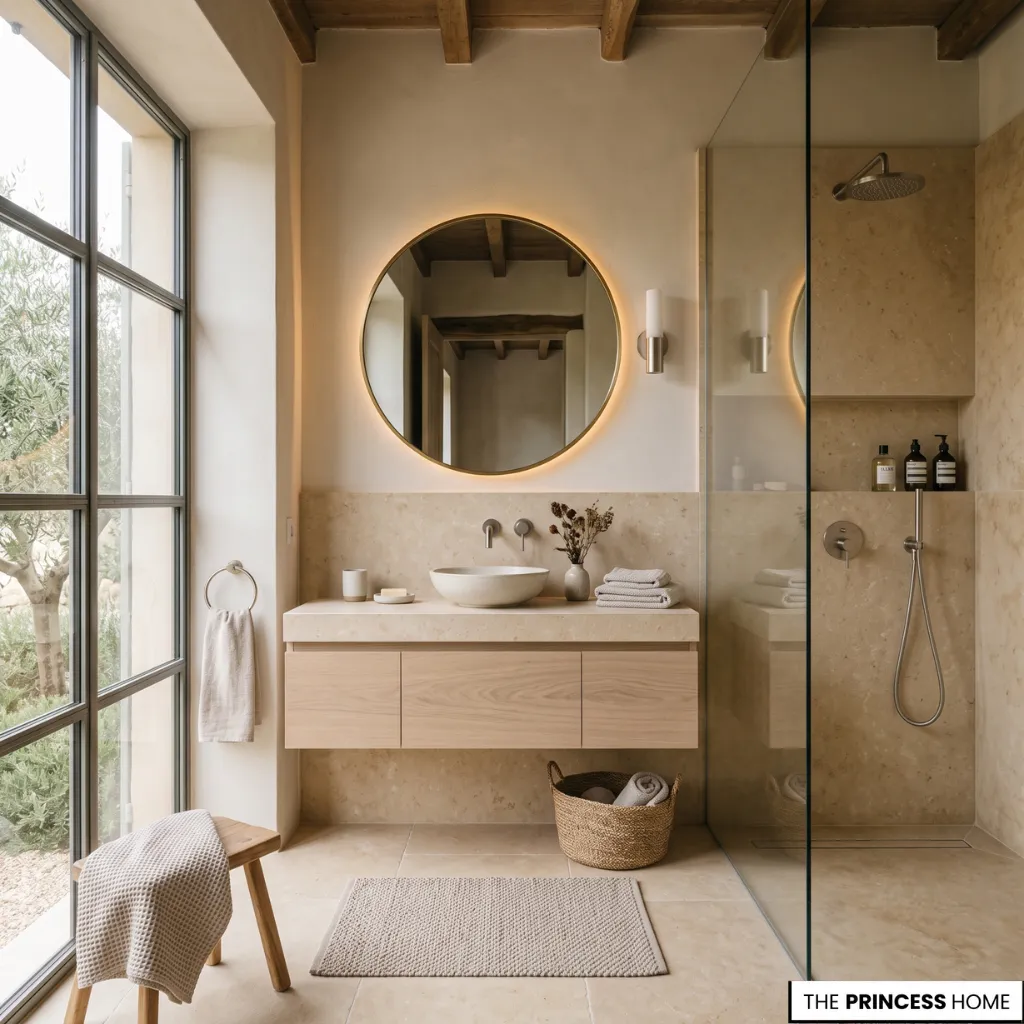 Bathroom trend showcasing a timeless modern bathroom with natural stone, oak vanity, layered lighting, and elegant architectural details.