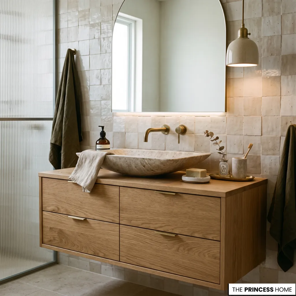 Modern bathroom trend featuring floating vanity, integrated storage, and sculptural stone basin.