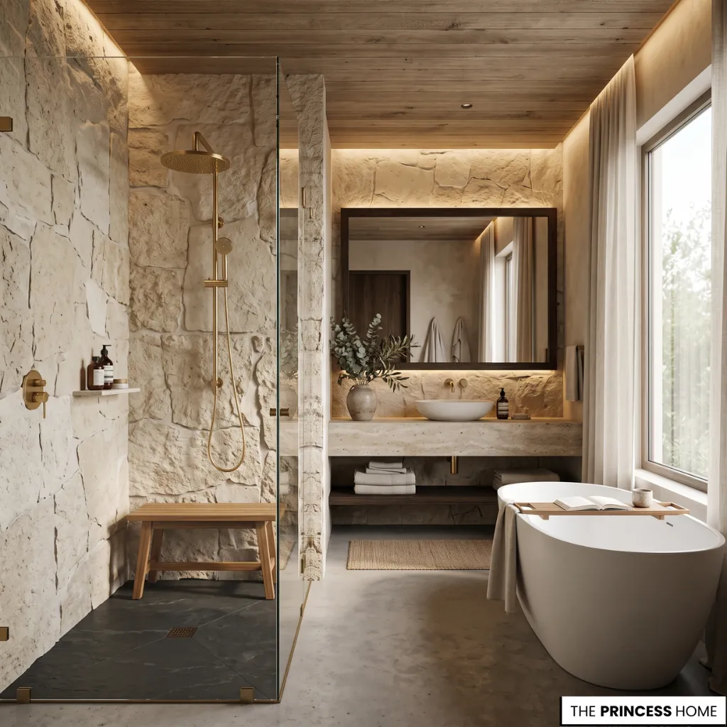 Wellness bathroom trend with walk-in shower, freestanding tub, and calming natural materials.