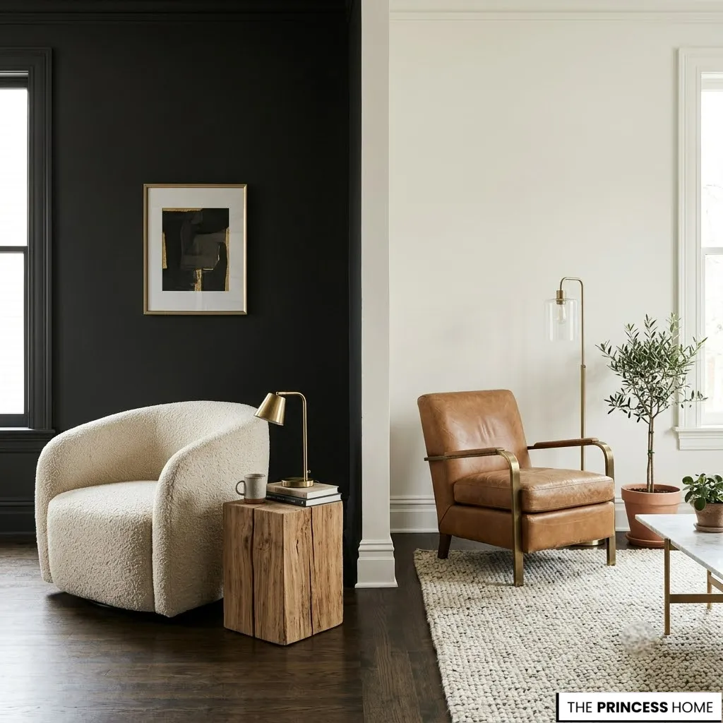 Black and white living room with accent chairs, brass lighting, and modern minimalist decor.