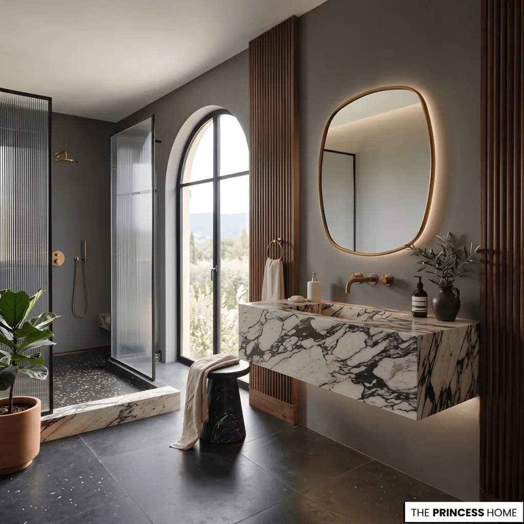 2027 bathroom design showcasing a dramatic integrated floating sink made of white and deep wine-toned Calacatta Viola marble, 