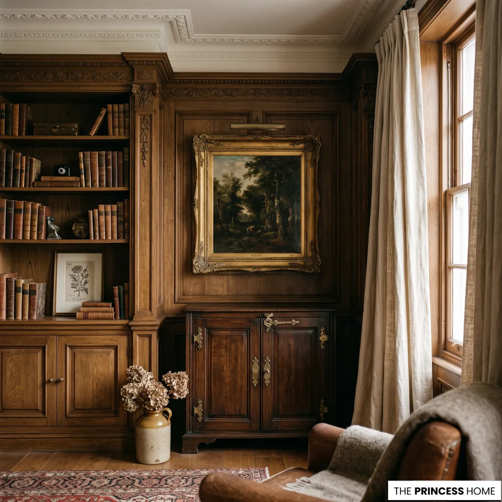 Classic living room featuring decorative molding, built-in shelving, brass accents, and curated artwork.