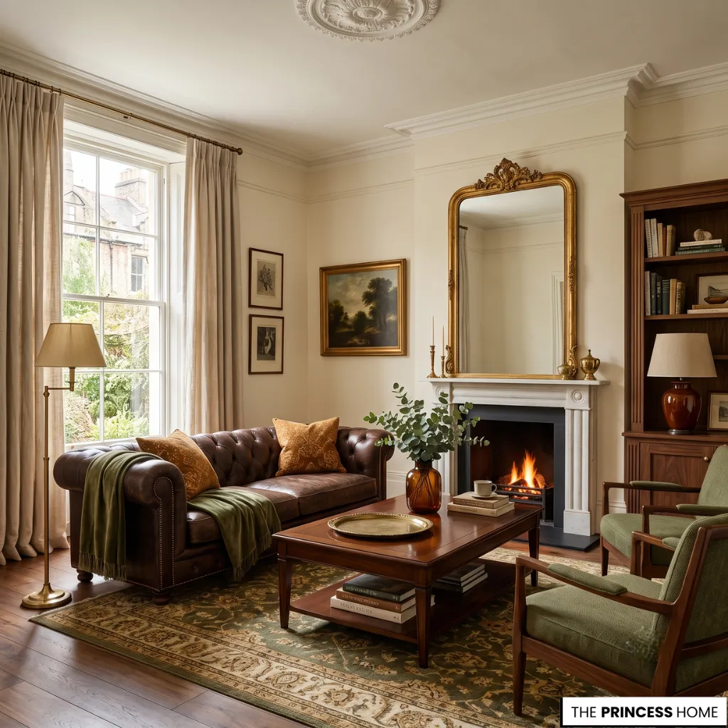 Classic living room with warm neutral colors, leather seating, walnut furniture, and layered natural textures.