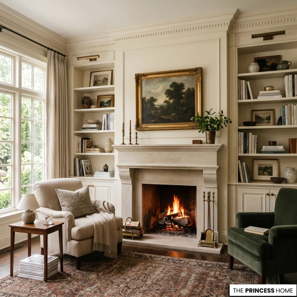 Classic living room centered around a fireplace with balanced seating and elegant architectural details.