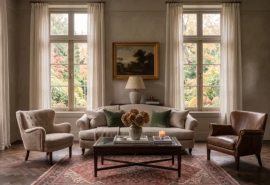 Classic living room with large windows, neutral sofa, leather armchair, Persian rug, and autumn garden views.