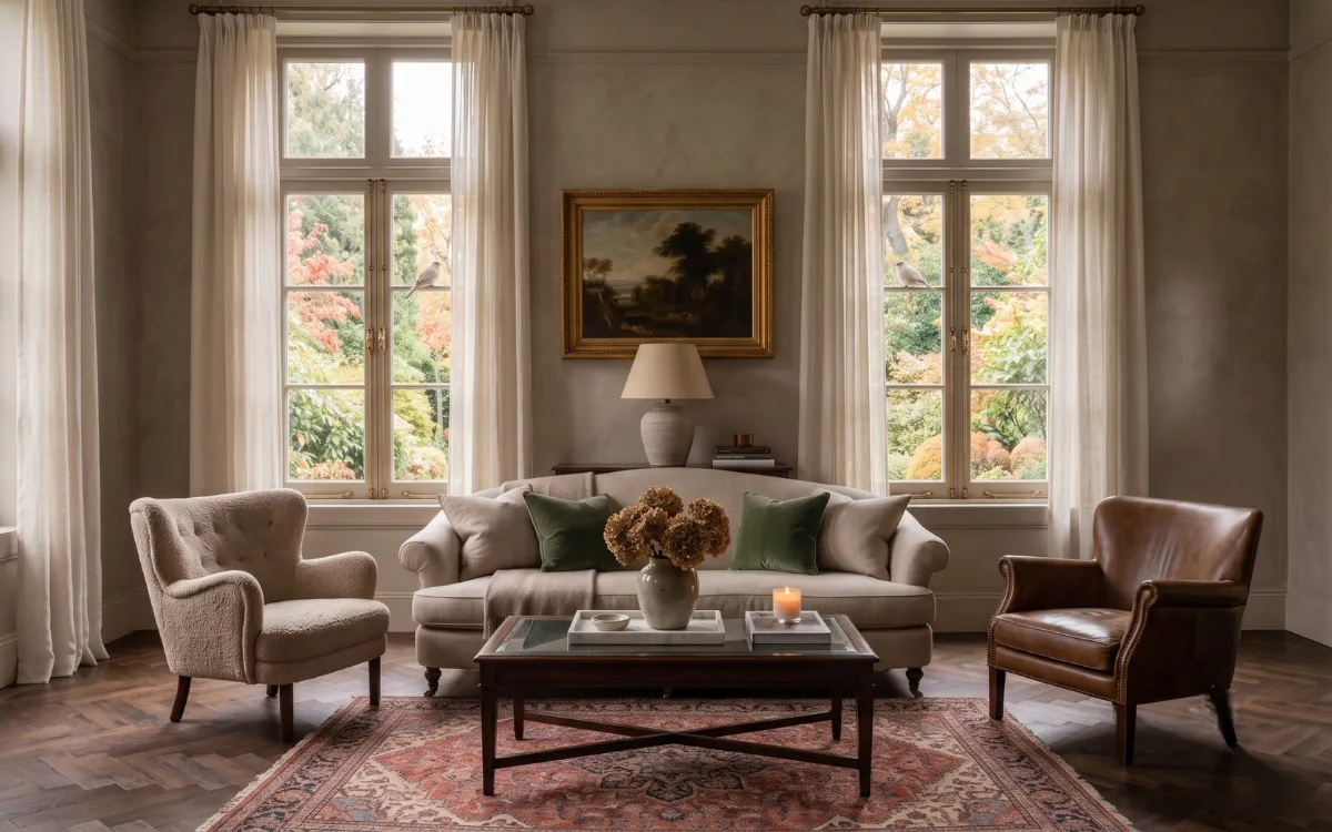 Classic living room with large windows, neutral sofa, leather armchair, Persian rug, and autumn garden views.