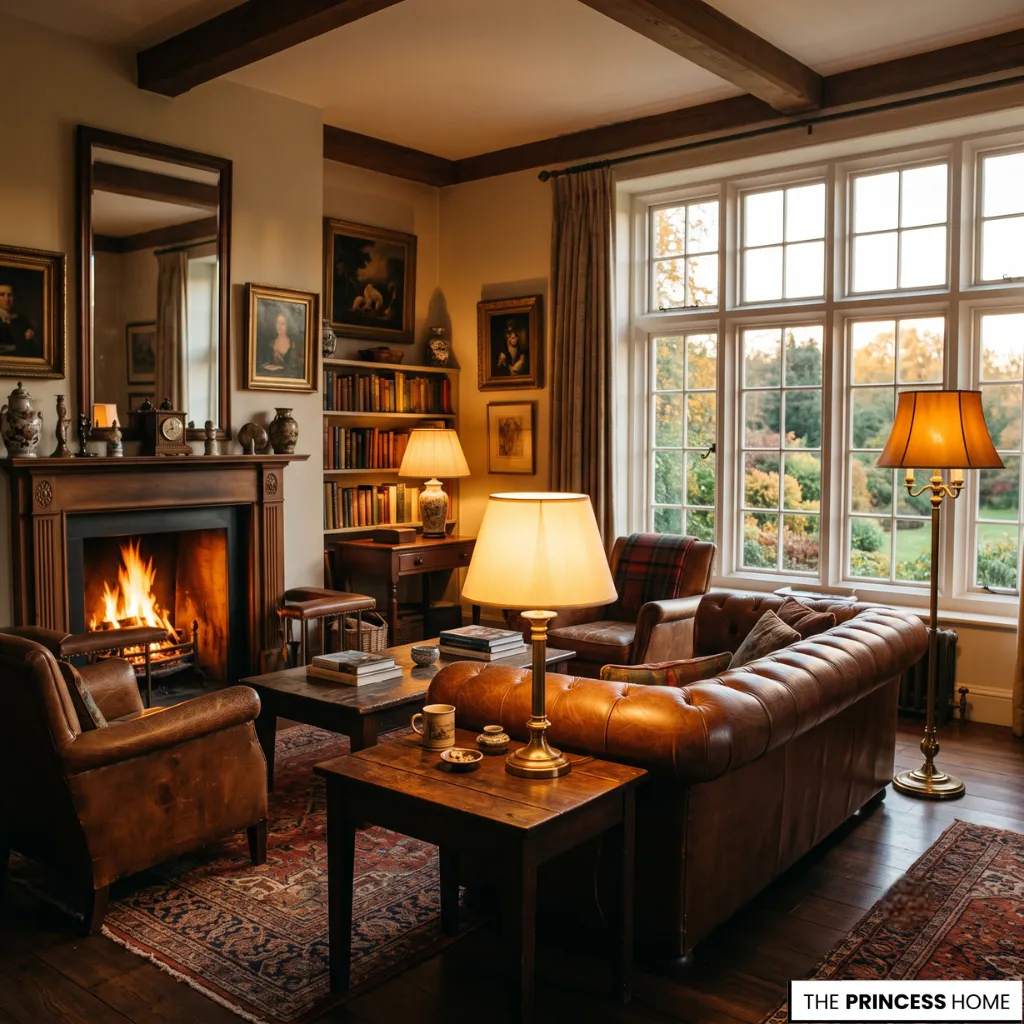 Classic living room illuminated with layered lighting highlighting leather furniture and warm wood finishes.