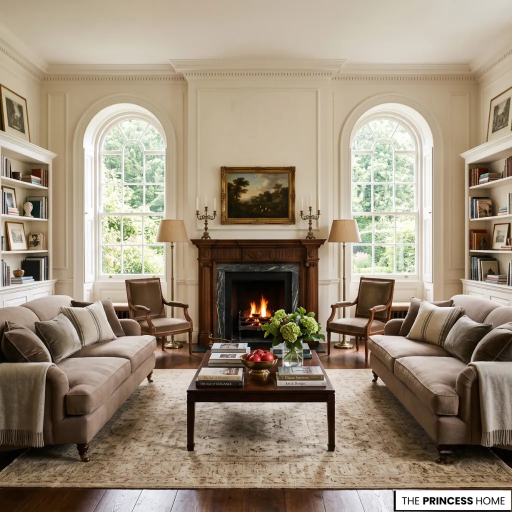 Classic living room layout featuring symmetrical seating around a fireplace with balanced furniture placement.