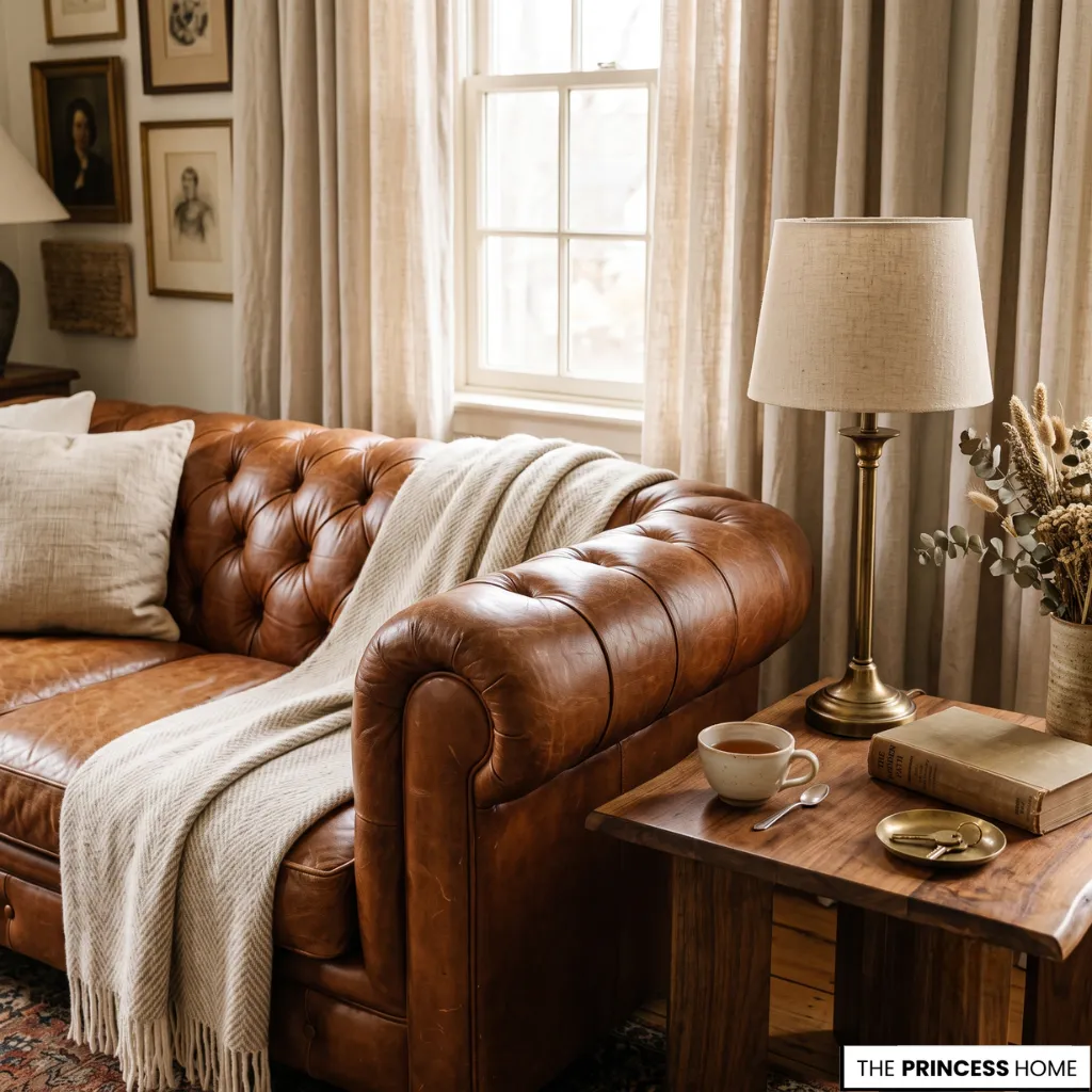 Classic living room with a full-grain leather Chesterfield sofa and timeless wood furniture.