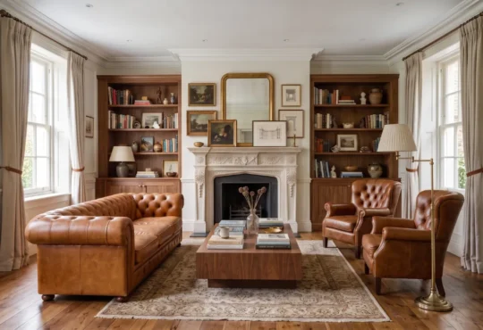 Classic living room featuring a leather sofa, warm wood finishes, elegant fireplace, layered lighting, and timeless architectural details.
