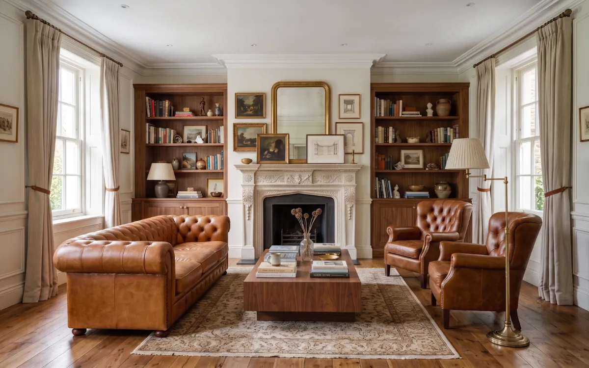 Classic living room featuring a leather sofa, warm wood finishes, elegant fireplace, layered lighting, and timeless architectural details.