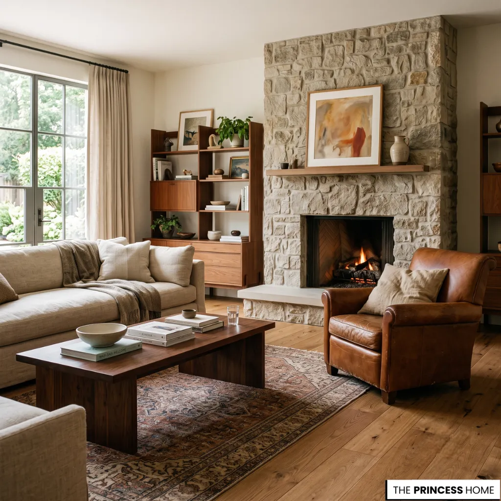 Classic living room materials featuring leather, warm wood, linen, and natural stone in a timeless interior.