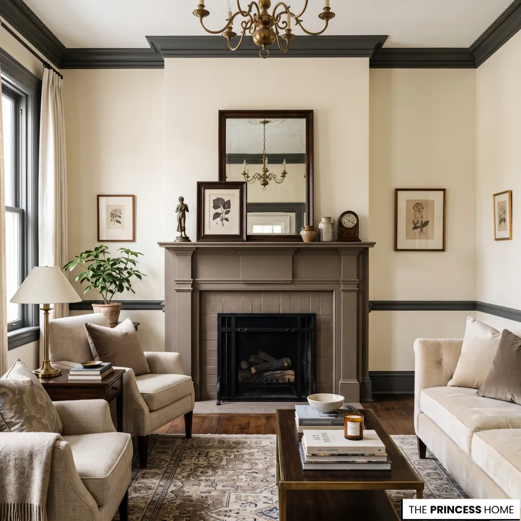 Classic living room with a painted fireplace mantel, neutral seating, and elegant traditional trim.