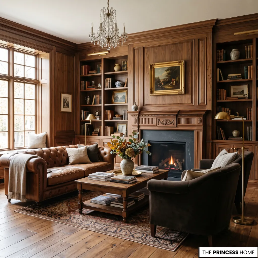 Classic living room showcasing walnut cabinetry, oak flooring, and warm wood architectural details.
