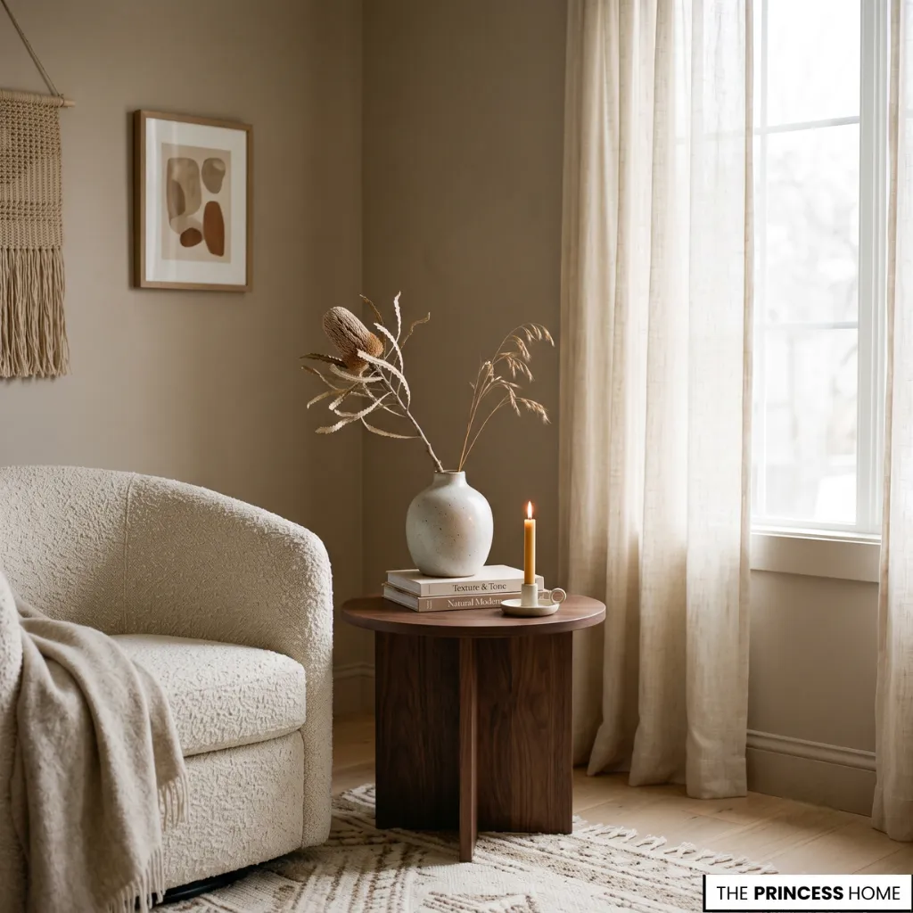 Cozy neutral reading nook with a boucle chair, wood side table, ceramic vase, and sheer curtains in natural light.