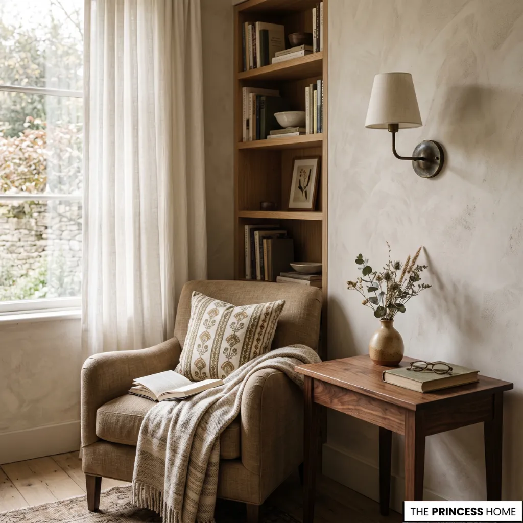 Cozy reading corner with an upholstered armchair, wood bookshelf, side table, and soft neutral decor.