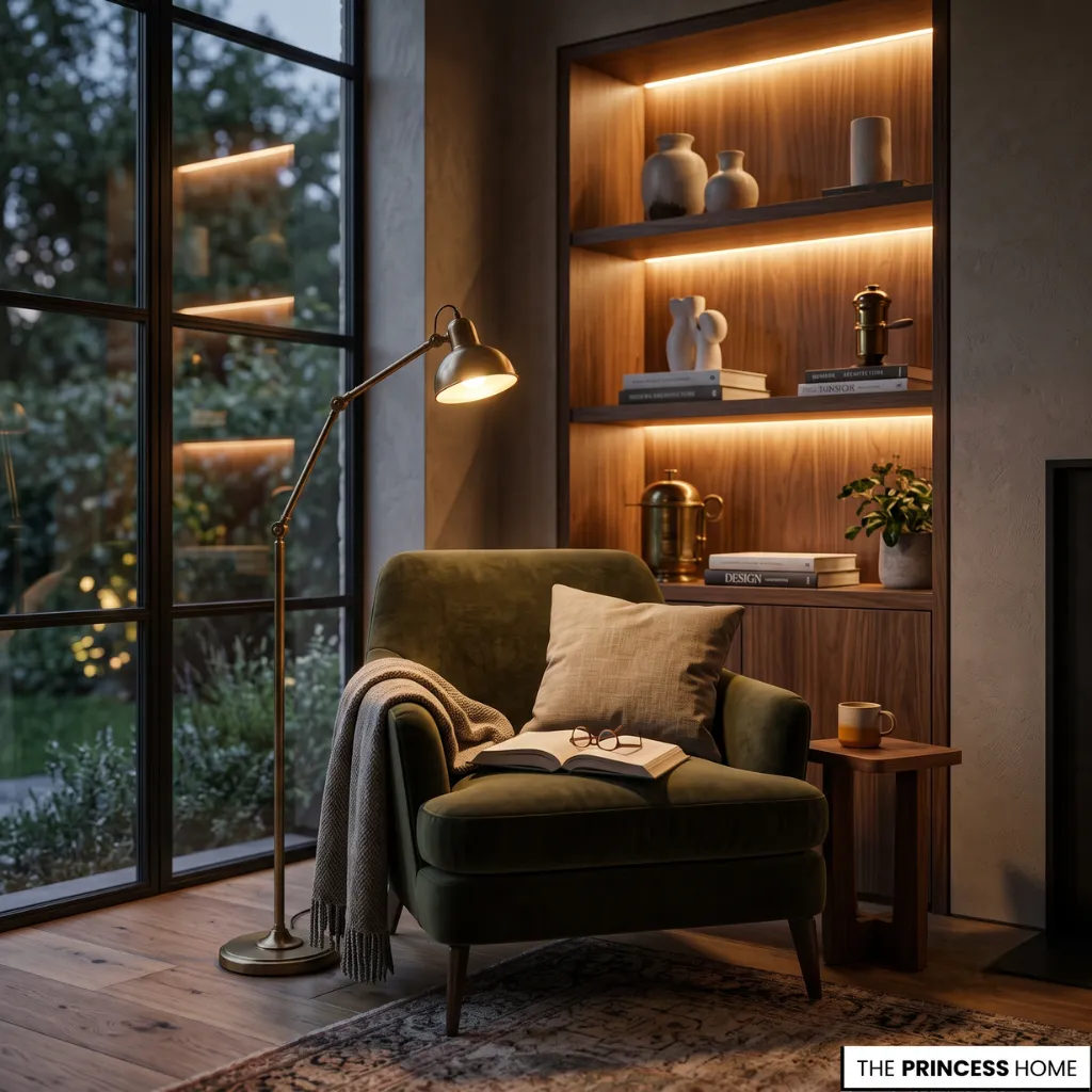 Cozy reading nook with built-in wood shelves, green armchair, floor lamp, and warm ambient lighting.