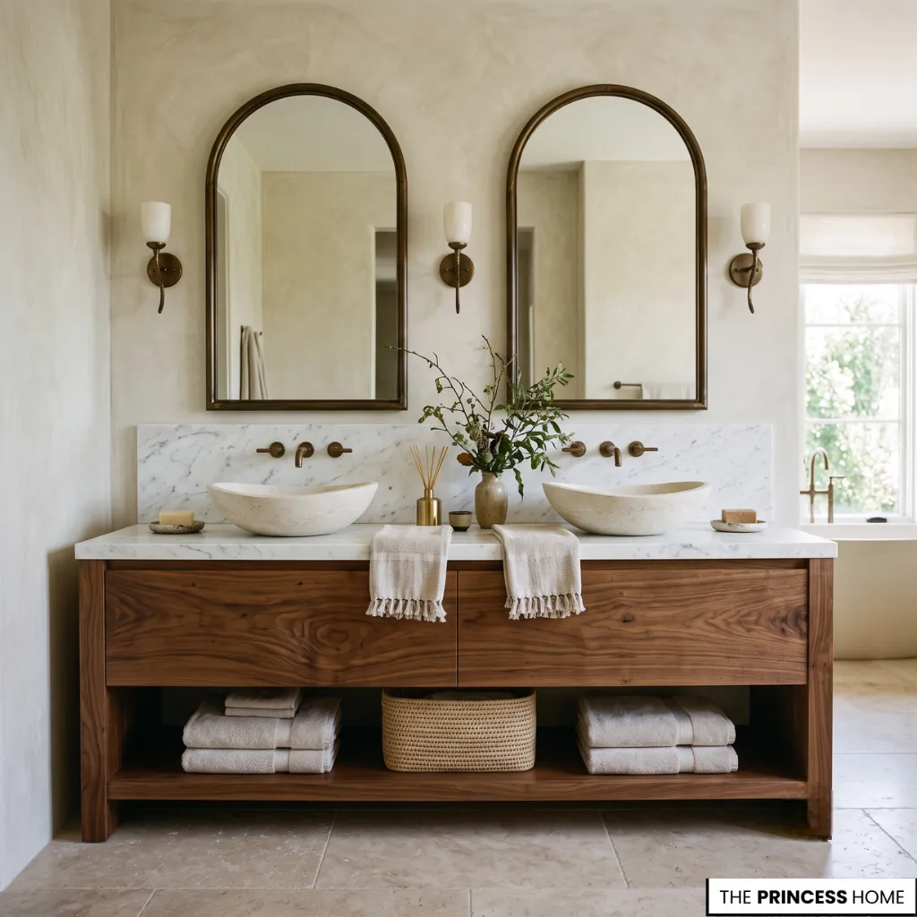 Organic luxury bathroom vanity featuring a double walnut wood console with open bottom shelf