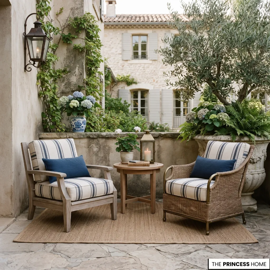 Small outdoor space with edited furniture, limited accessories, controlled patterns, and coordinated materials